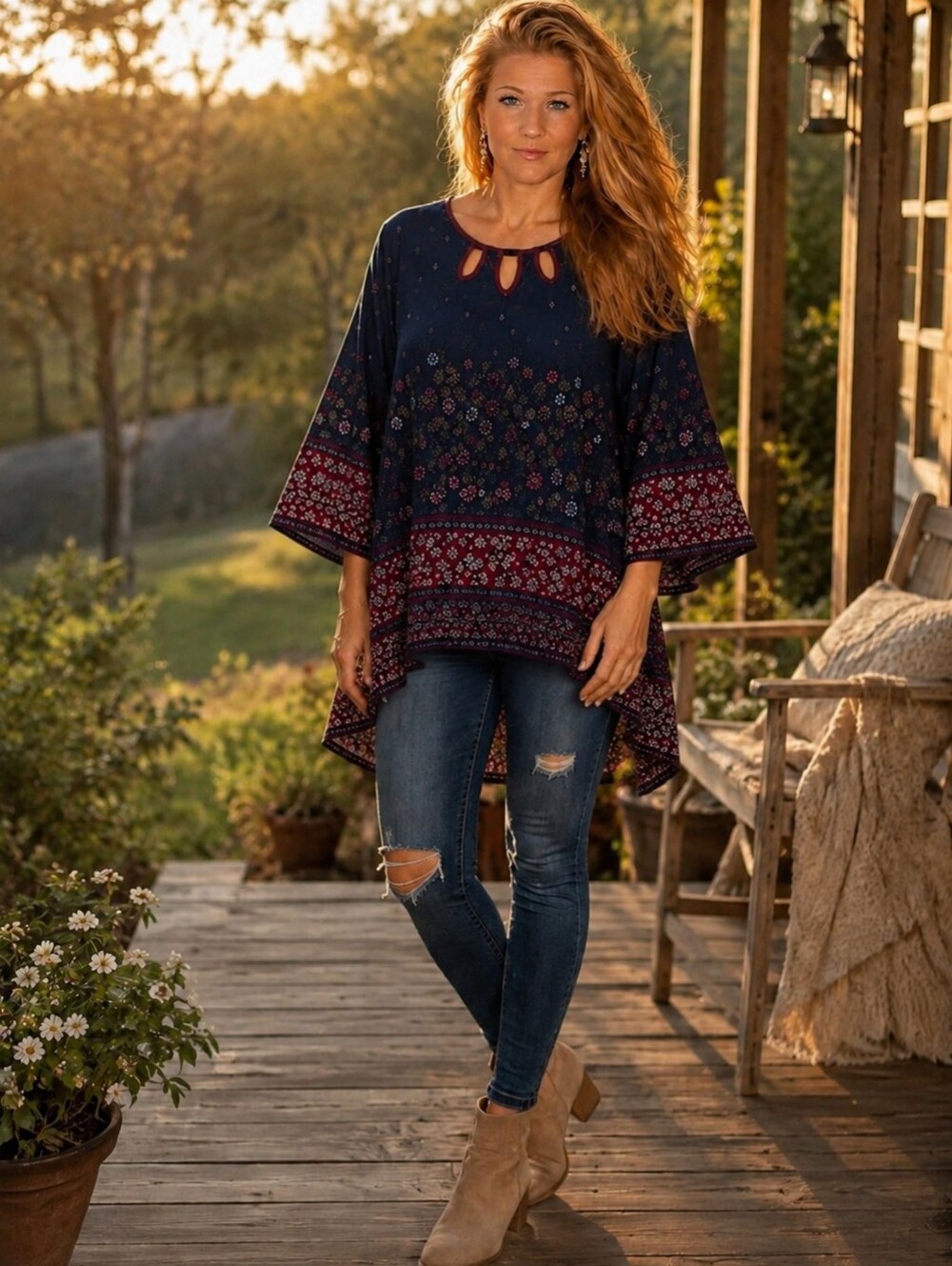 Eyeshadow Navy Floral Keyhole Tunic with Maroon Border